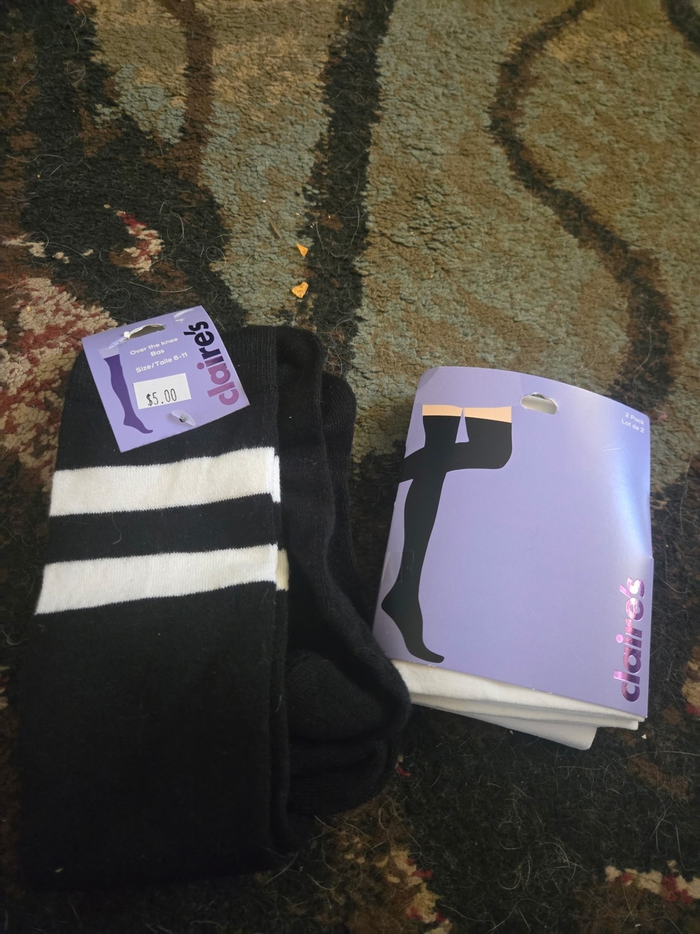 Claire's Black Socks with White Double Stripes - Over-the-Calf Style